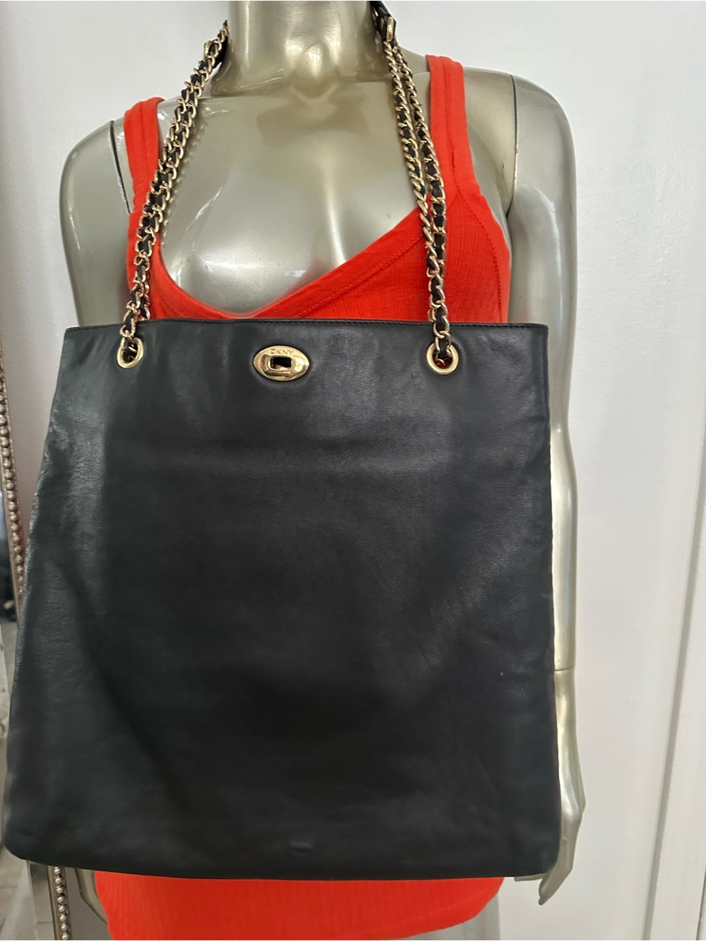 DKNY Black Leather Tote with Gold Chain Straps